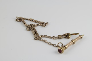 A 9ct gold watch chain supporting a gem set gilt propelling pencil 