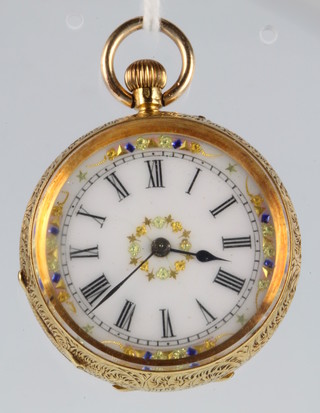 A lady's 18ct gold fob watch with enamelled dial 
