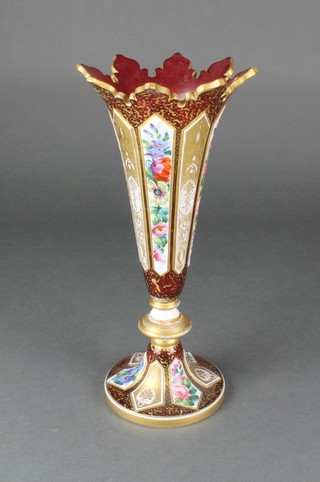 A 19th Century Bohemian flared neck tapered vase decorated with panels of flowers 13" 