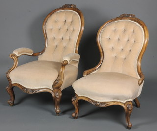 A Victorian carved walnut open arm chair with carved cresting rail, upholstered in light buttoned back dralon, raised on carved cabriole supports together with a spoon back chair  