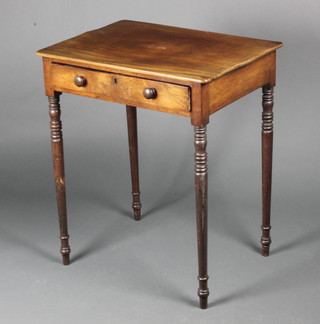 A 19th Century rectangular mahogany occasional table fitted a drawer with tore handles, raised on turned supports 27"h x 23"w x 16 1/2"d 