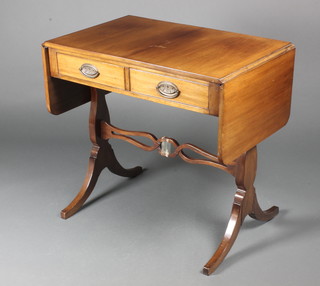 A Georgian style mahogany sofa table fitted 2 drawers, raised on shaped supports with pierced stretcher 28"h x 30" when closed x 51" when open x 19"d 