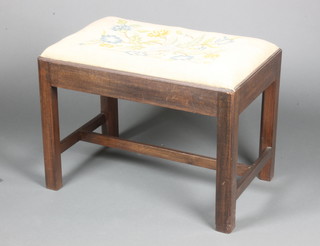 A 19th Century rectangular mahogany stool with upholstered Berlin drop in seat, on square tapering supports with H framed stretcher 17"h x 24"w x 15"d