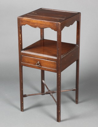 A 19th Century rectangular mahogany 2 tier night table fitted a drawer with X framed stretcher raised on square supports 31"h x 14"w x 14"d 