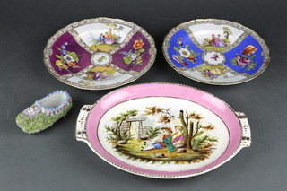 A pair of Dresden cabinet plates decorated a fete gallant panel and flowers 9", a ditto 2 handled serving dish and a floral encrusted clog 