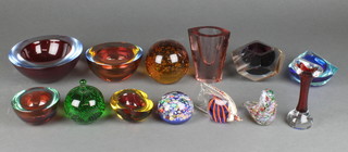 An amber coloured studio glass vase and minor glassware 