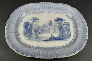 A Victorian blue and white meat plate with Continental river landscape 18" 
