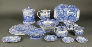 A quantity of Copeland Spode Italian garden pattern blue and white china comprising a jar and cover, 3 jugs, a plate, a cake stand, salad bowl, 4 dishes, 6 egg cups, a tureen and cover, serving dish and meat plate 