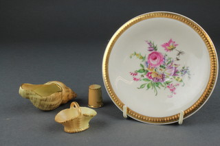 A Royal Worcester blush porcelain conch shell 3", ditto miniature basket 1", a thimble and a Continental dish 
