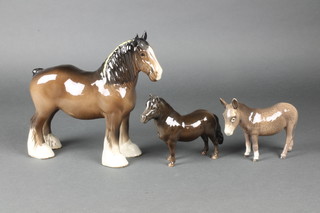 A Beswick Shetland Pony 6", ditto donkey 5 1/2" and a shire horse 10" 