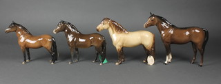 A Beswick figure of a race horse 10", a ditto highland champion 9", a Dartmoor pony 8" and an Exmoor champion 8" 
