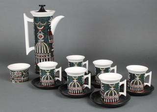A Portmeirion pottery Magic City coffee set comprising coffee pot, 6 cups, 6 saucers and a sugar bowl  