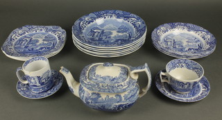 A matched Spode service of Italian pattern tea, coffee and dinner ware comprising 19 tea cups, 6 coffee cups, a teapot, 13 saucers, 10 soup bowls, 6 shallow bowls, 27 small plates, 8 medium plates, 12 dinner plates, 3 medium bowls, 6 large bowls, 3 sandwich plates, a sugar bowl and slop bowl 