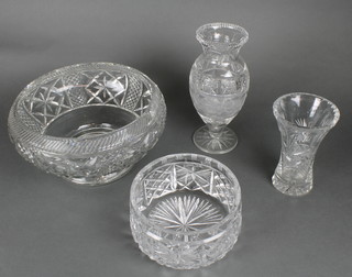 A cut glass fruit bowl with hobnail decoration 14", a small ditto and 2 vases 