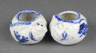 2 Chinese blue and white brush pots decorated with figures 3" 