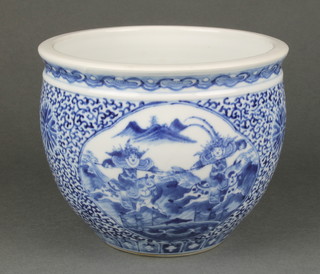 A Chinese blue and white jardiniere decorated with warriors on a field of flowers 8" 