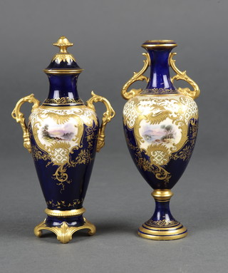 An oviform Coalport vase, the blue and gilt ground with landscape views and lid  6 1/2", a ditto with lid 6 1/2" 