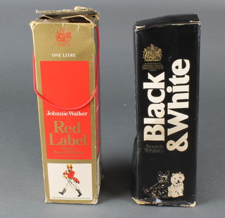 A 1 litre bottle of Johnnie Walker Red Label and a litre bottle of Black and White Whisky 