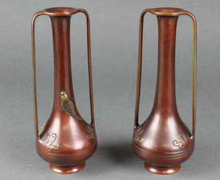 A pair of 19th Century Japanese bronze twin handled vases of club form decorated carp 10" 