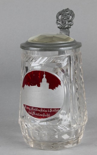 A 19th Century German cut glass Bohemian tankard with pewter mounts and circular townscape panel 7 1/2" 