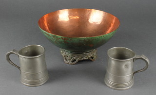 2 Victorian pewter half pint measures marked Compton London, together with a Chinese style verdigris copper bowl, raised on a pierced foot 9" 