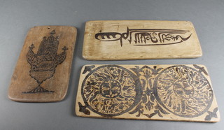 3 rectangular Eastern wooden painted plaques 