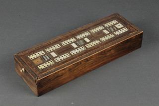 A 19th Century rectangular mahogany cribbage board 2" x 11" x 4" (missing bun feet)  