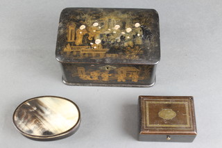 A 19th Century rectangular lacquered trinket box with chinoiserie decoration, an oval horn snuff box and a 19th Century rectangular mahogany box 