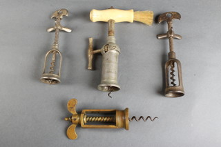 A 19th Century Thomas style patent corkscrew and 3 other 19th Century corkscrews 