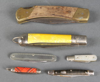 A silver bladed folding fruit knife 3" with mother of pearl grip, 3 pen knives and 2 others 