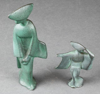 2 Chinese verdigris figures of standing geishas 7" and 3 1/2" 