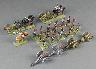 A collection of various Napoleonic lead soldiers comprising 2 gun carriages and limbers, 3 canon, 17 various artillery men 