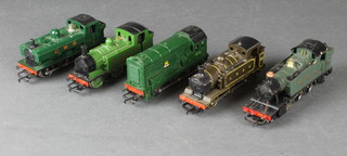 A Triang Hornby GWR tank engine, 2 other Hornby tank engines, a diesel locomotive and a tank engine