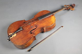 A Cello with 2 piece back, 29 1/2", together with an unlabelled bow
