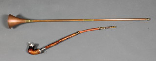 A Continental walnut pipe with "silver" mounts together with a reproduction copper and brass coaching horn 