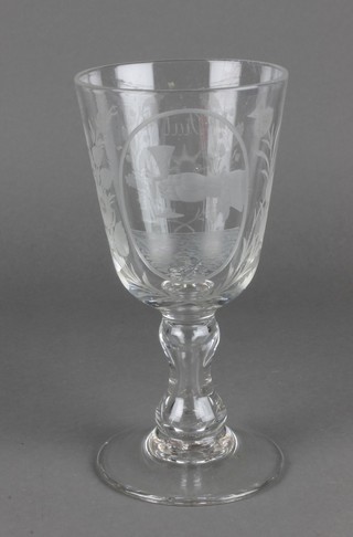 A 19th Century Friendly Society? goblet decorated with an oval cartouche of a hand holding a wine glass enclosed in a floral wreath, the reverse engraved Fiat 9" 