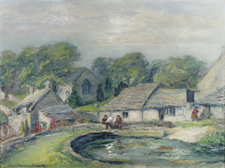 Constance Haile, oil on canvas, a Dorset village scene with figures, signed  17" x 23" 