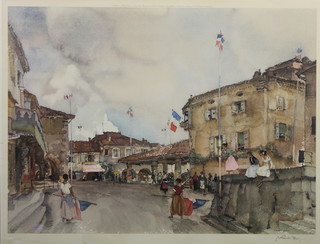 William Russell Flint, an artists proof print of a Continental town scape with figures, signed in pencil 19" x 25" 