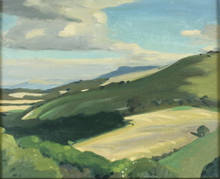 James Fry, oil painting on board, study of the South Downs, signed 9" x 10" 
