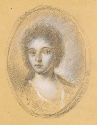 19th Century pencil and chalk, portrait study of a young girl, oval 12" x 9" 