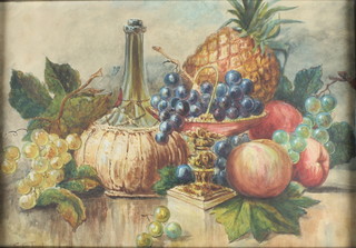 C E Taylor, watercolour, still life study of a bottle of wine and fruits, signed, 10 1/2" x 15 1/2" 