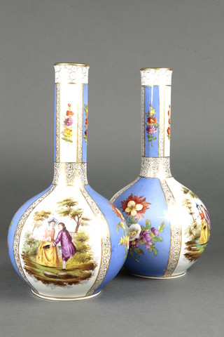 A pair of 20th Century Dresden bottle vases with panels of fete gallant scenes and flowers 12" 