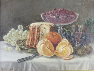 C E Taylor 1888, oil on canvas, still life study of a cake, a glass of wine and fruits, signed and dated 11" x 15" 