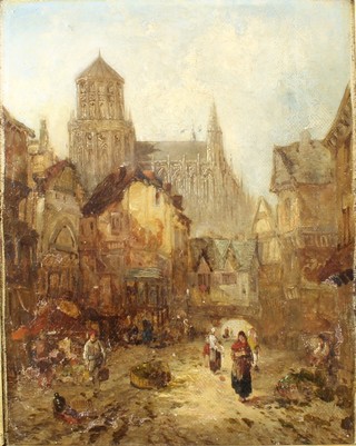 19th Century oil on canvas, study of a Continental town scape with figures, monogrammed 8 1/2" x 7"  