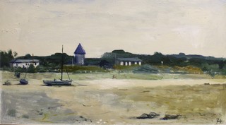 Philip Hicks, oil on board, beach scene with moored boats and distant buildings, monogrammed 16" x 30"  