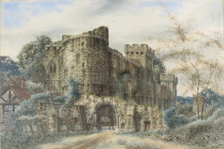 Edwardian watercolour, study of a ruined castle with a figure, indistinctly monogrammed 13" x 21" 