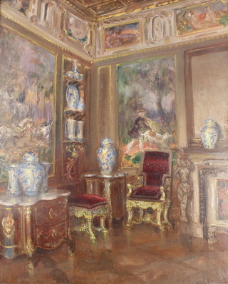Edwardian oil painting, a Continental interior view of a country house, indistinctly signed 23" x 18" 