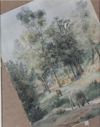 KSC, watercolour, an Edwardian study of cattle in a wooded landscape, monogrammed 11" x 8 1/2" 