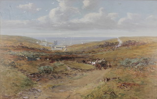 C  Branwhite, watercolour, an extensive Devon coastal view with figures on a cart and a village in the foreground with distant sea view, monogrammed, inscribed on verso 12" x 18 1/2" 