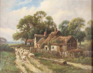 R Hindmarsh, oil on canvas, a rural study with shepherd and flock with 4 thatched cottages, signed 9 1/2" x 12" 